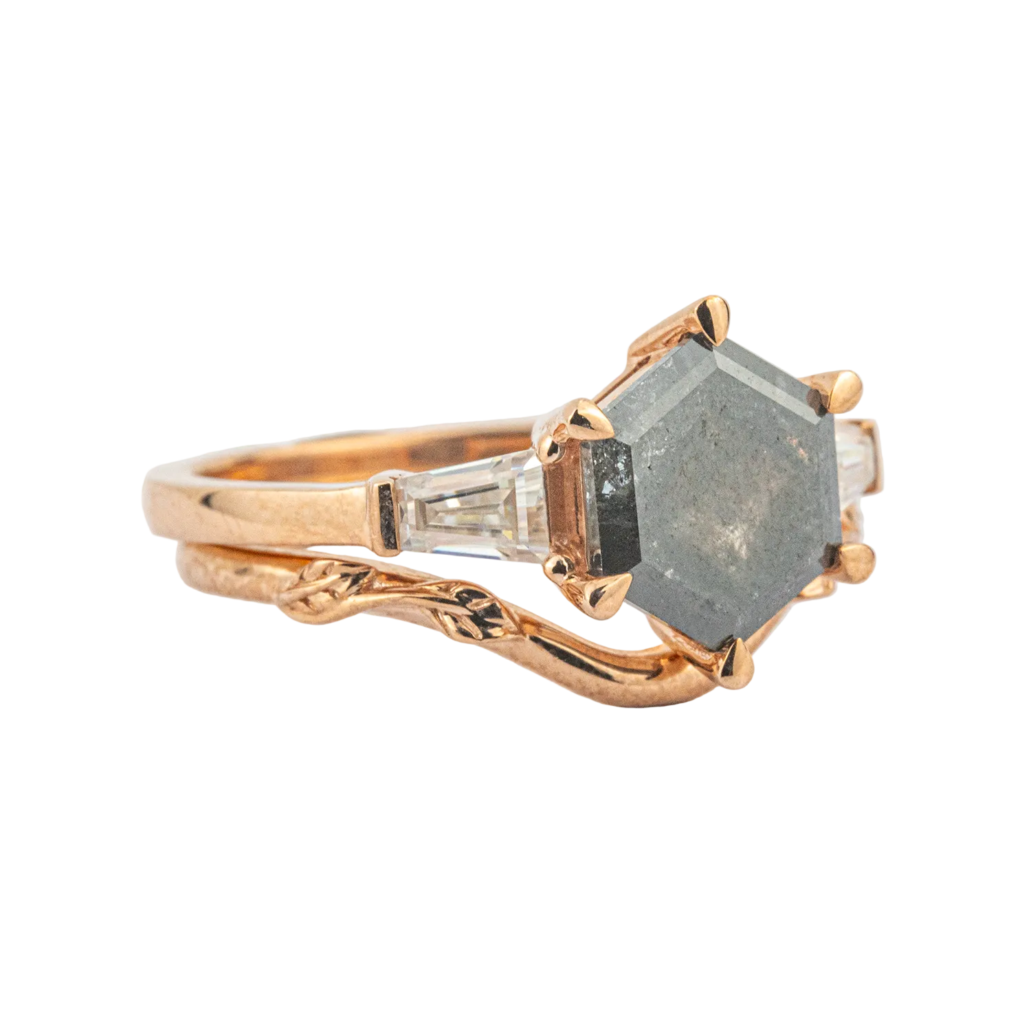Product view of Hexagon Salt and Pepper Diamond Ring Set in Gold