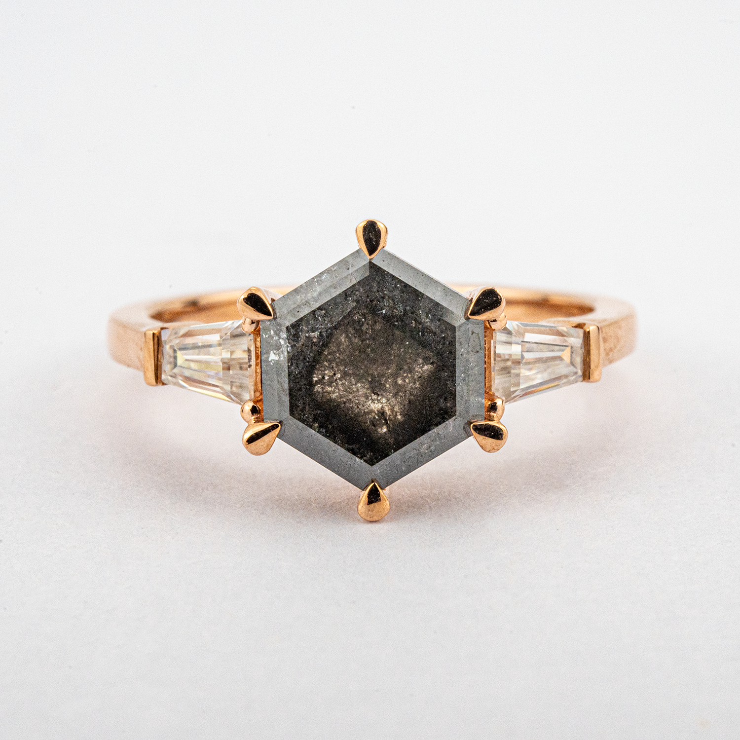 Hexagonal salt and pepper diamond ring - unique engagement jewelry