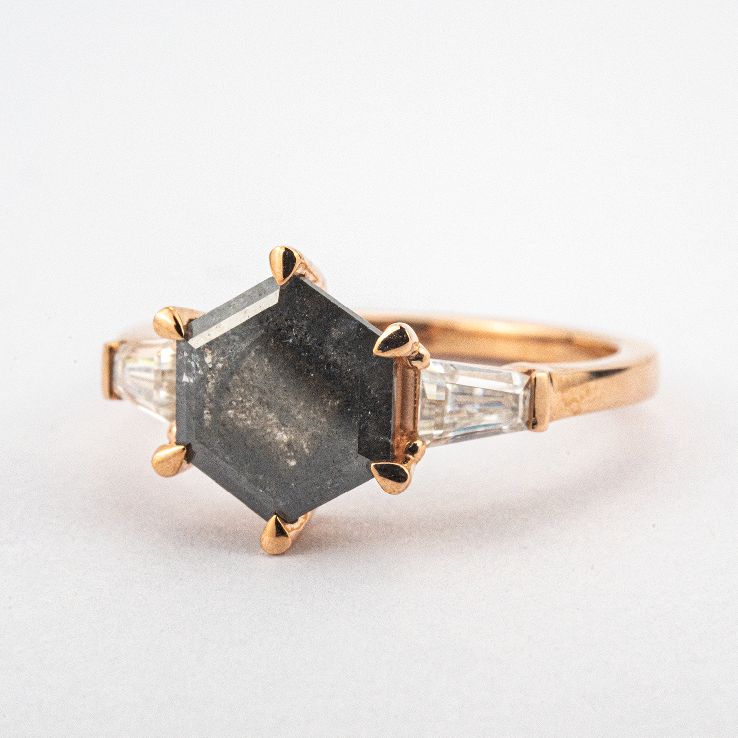 Hexagonal salt and pepper diamond ring - unique engagement jewelry