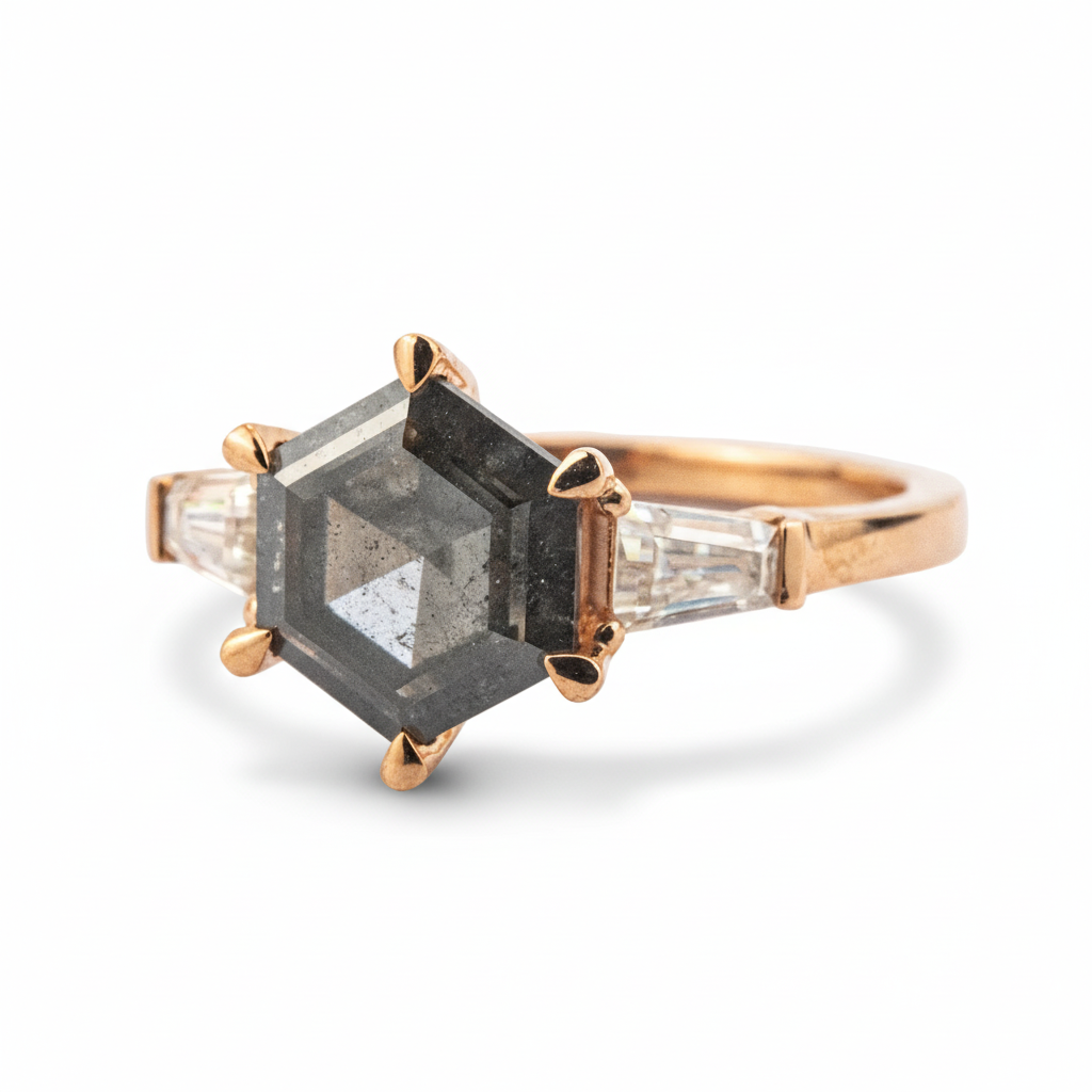 Lifestyle view of Hexagon Salt and Pepper Diamond Engagement Ring in Gold