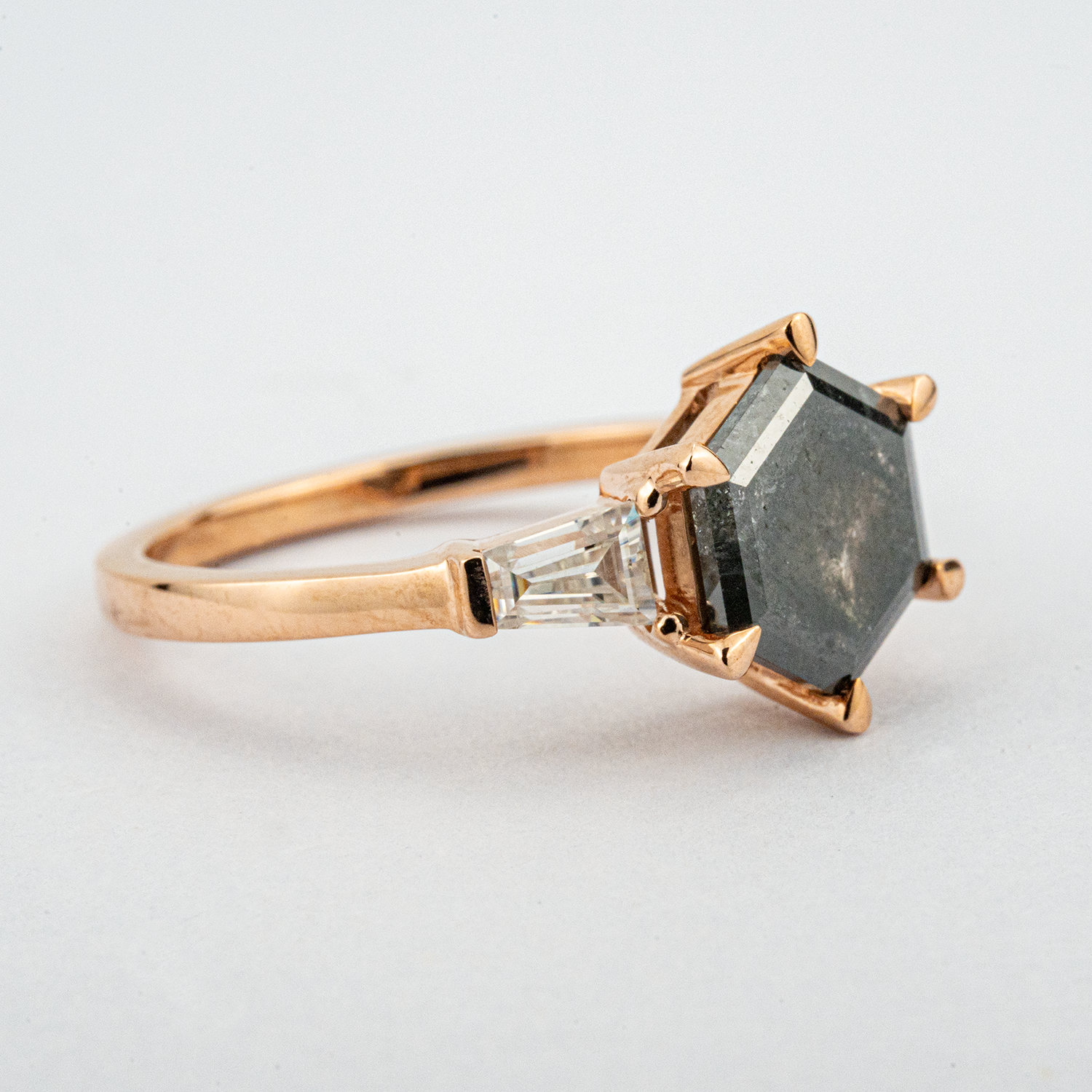 Hexagonal salt and pepper diamond ring - unique engagement jewelry