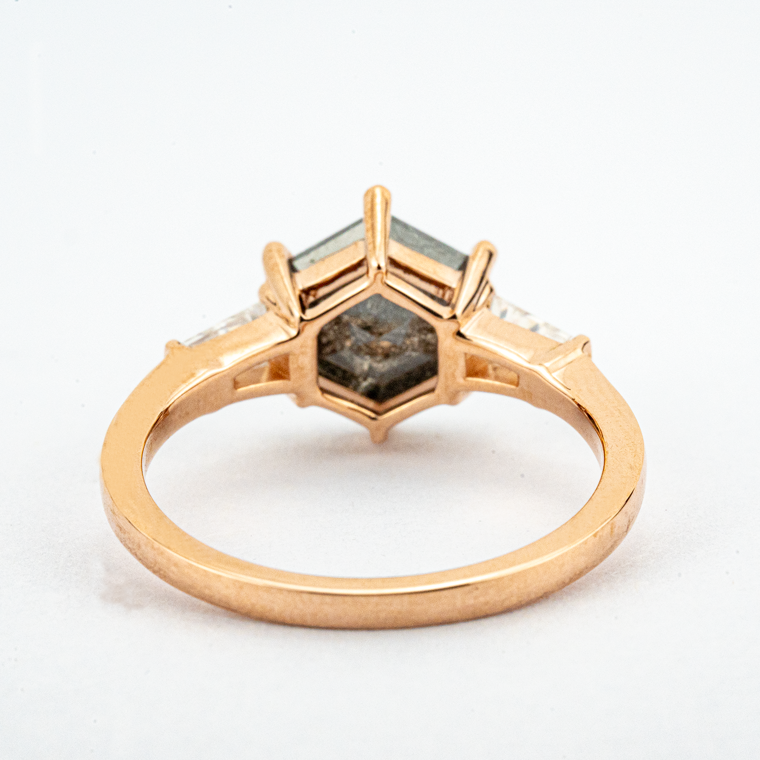 Hexagonal salt and pepper diamond ring - unique engagement jewelry