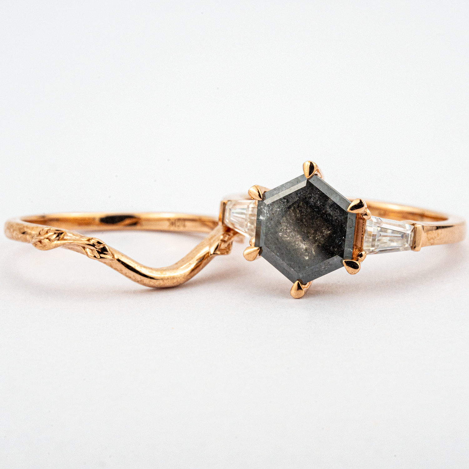 Elegant hexagonal salt and pepper ring set crafted in 18k gold - perfect for engagement