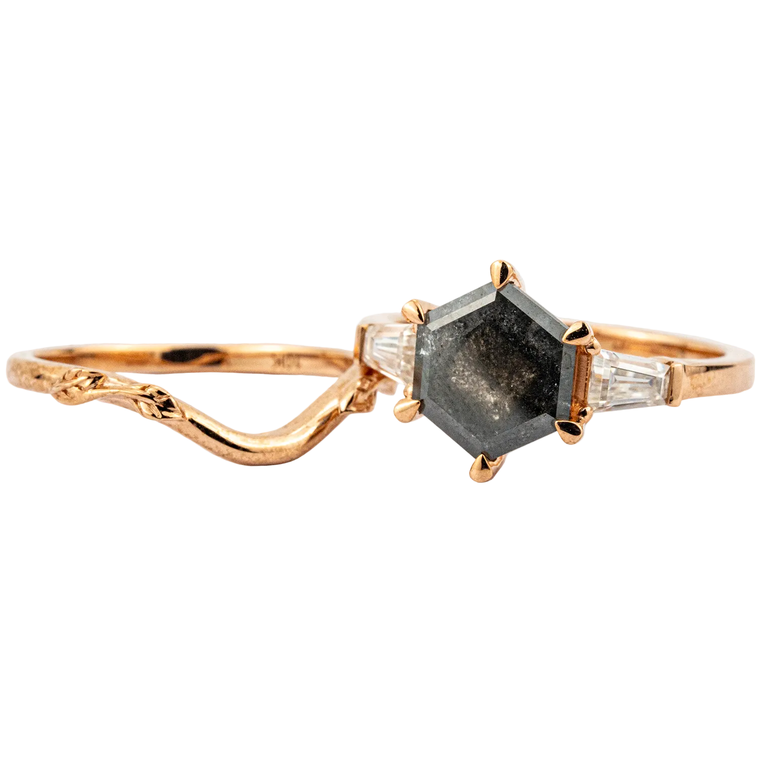 Product view of Hexagon Salt and Pepper Diamond Ring Set in Gold