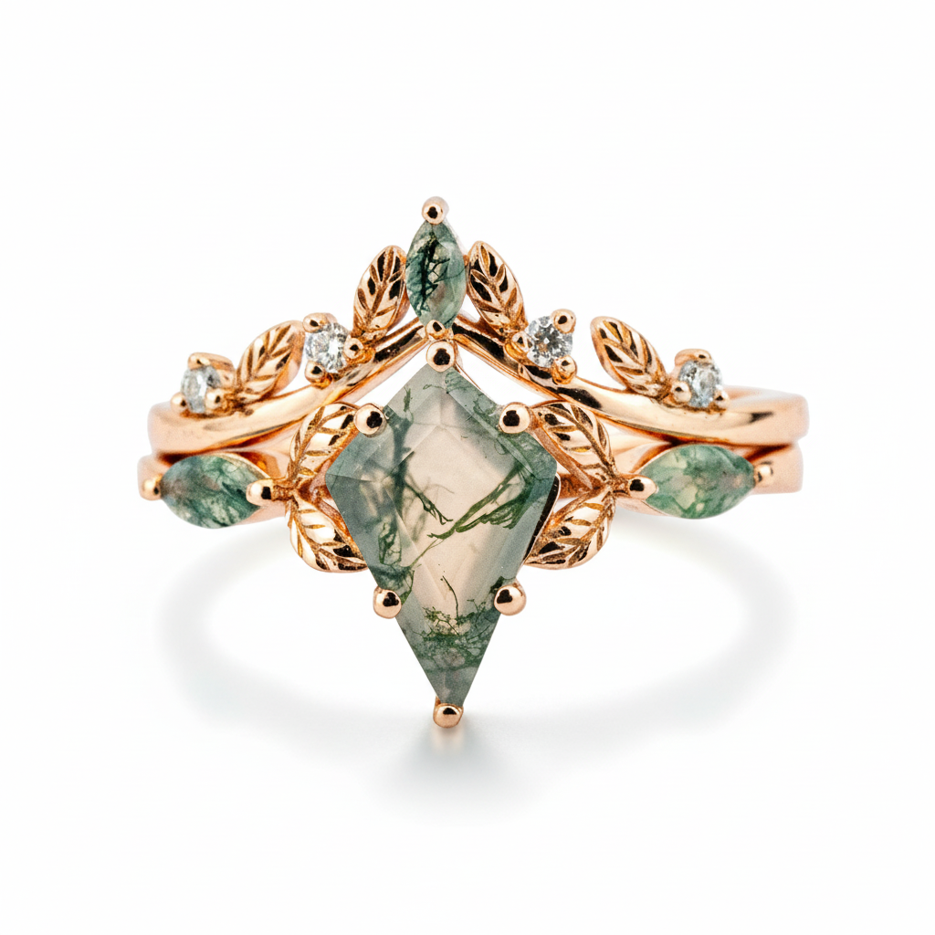 Kite Moss Agate Ring Set with intricate leaf detailing, ideal for eco-conscious fashion enthusiasts.