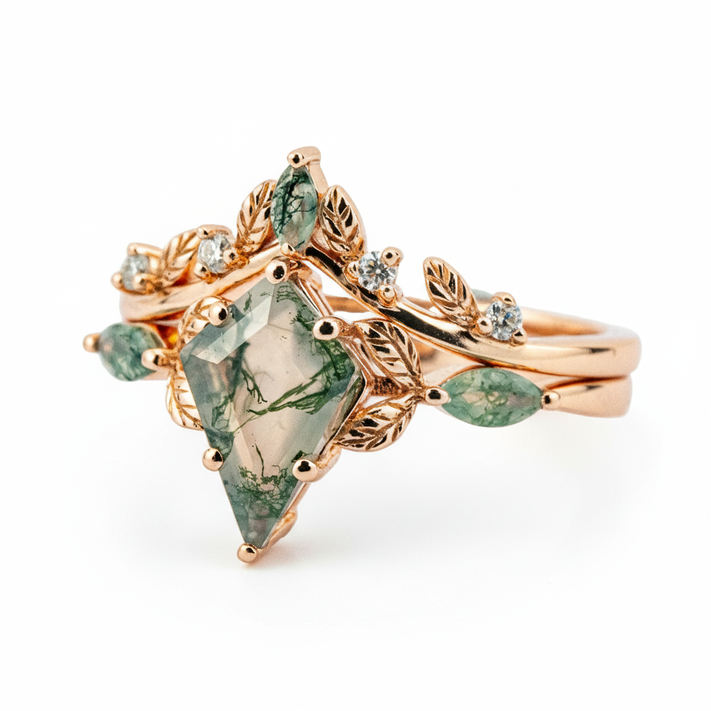 Product view of Kite Cut Moss Agate Ring Set in Gold