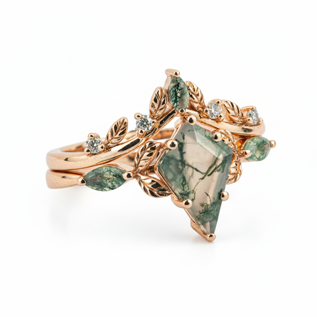 Product view of Kite Cut Moss Agate Ring Set in Gold
