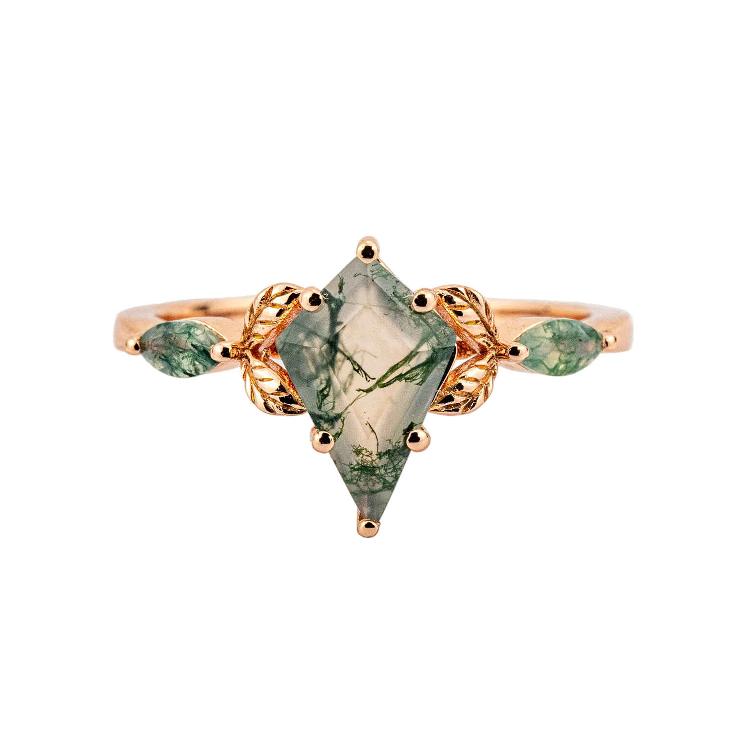 Front view of Kite Cut Moss Agate Ring in Gold