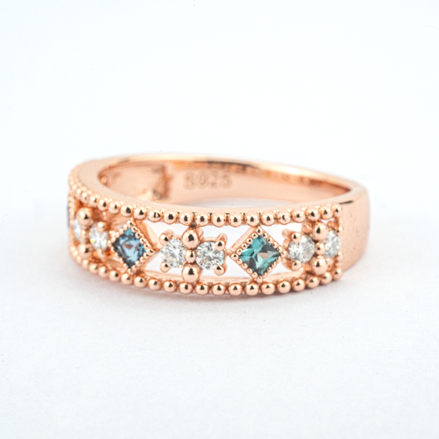 Lab Alexandrite and Moissanite Gold Engagement Band.