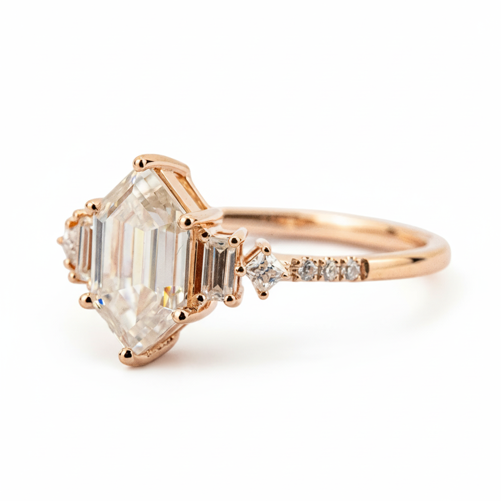 Product view of Long Hexagon Moissanite Engagement Ring in Gold