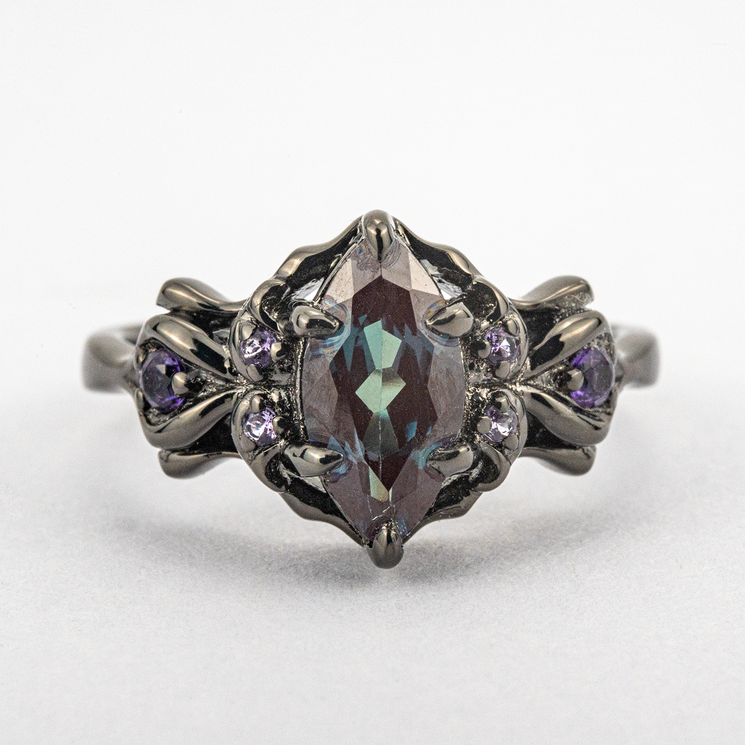 Marquise Lab Alexandrite With Amethyst Black Gold Engagement Ring Art Deco Ring