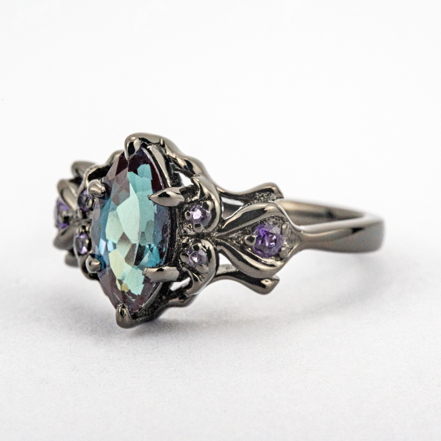 Marquise Lab Alexandrite With Amethyst Black Gold Engagement Ring Art Deco Ring