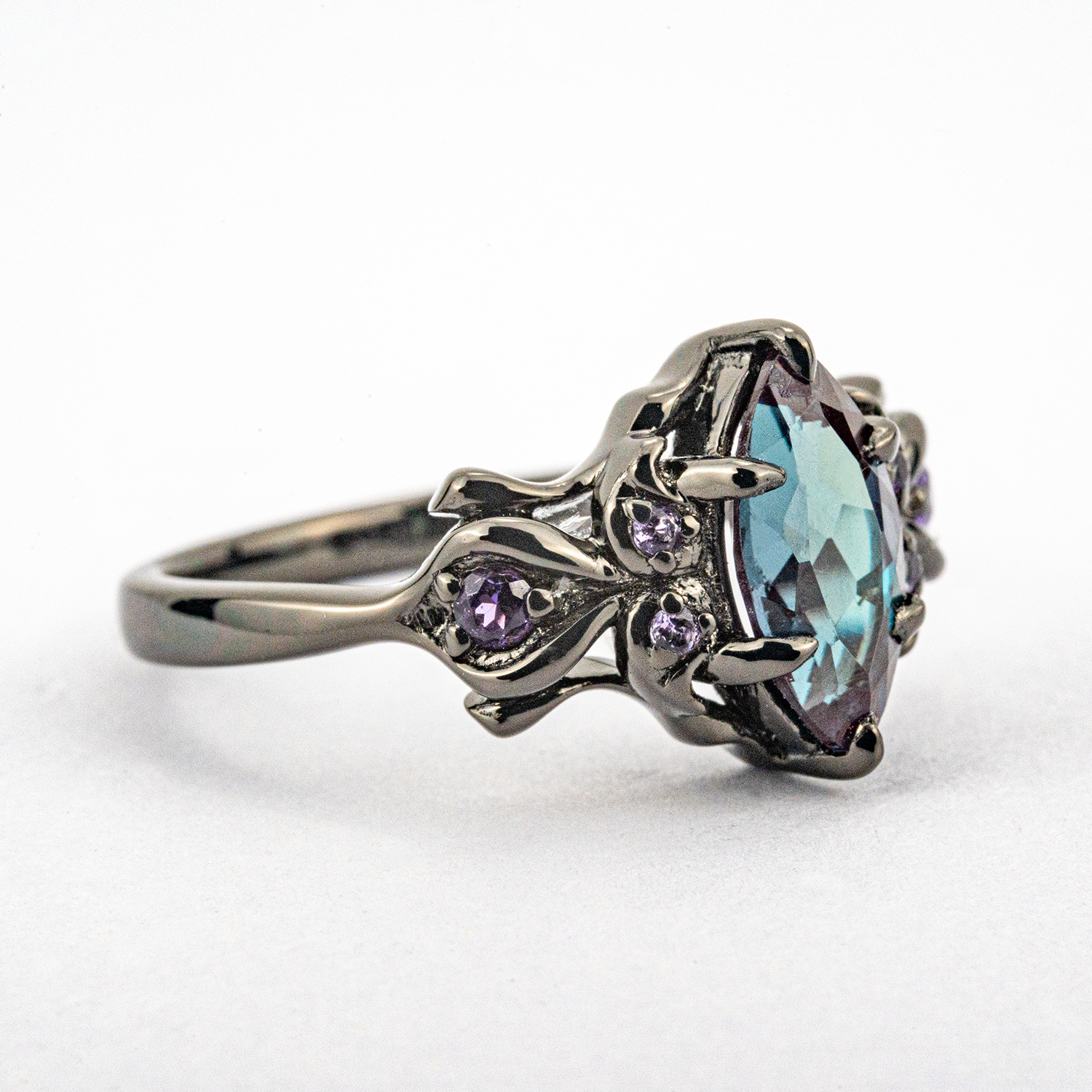 Marquise Lab Alexandrite With Amethyst Black Gold Engagement Ring Art Deco Ring