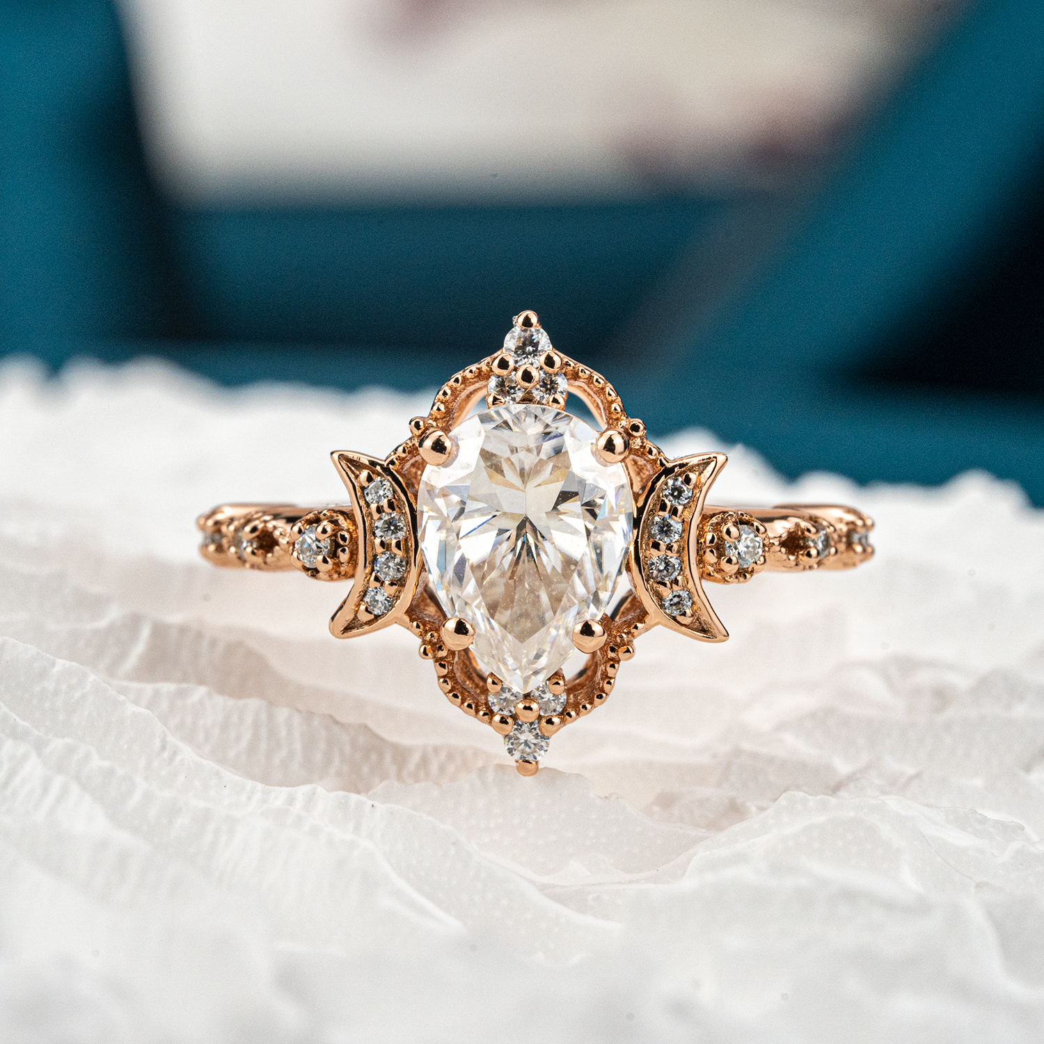 Pear Moissanite Crescent Moon Engagement Ring.