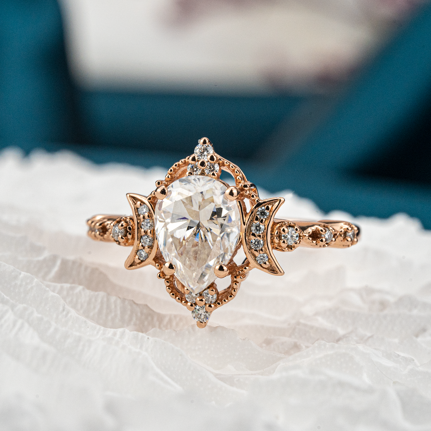 Pear Moissanite Crescent Moon Engagement Ring.