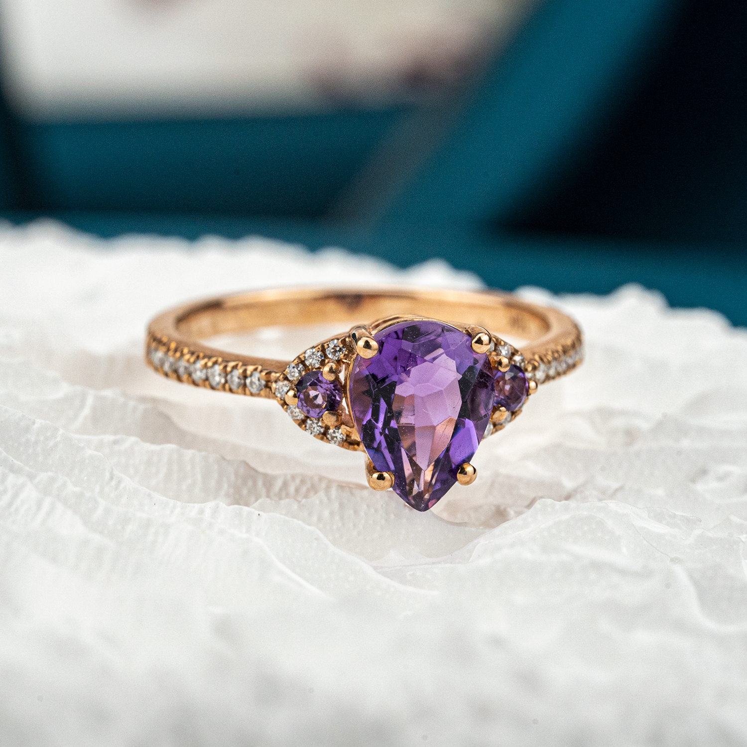 Vintage Pear Amethyst With Moissanite Engagement Ring.