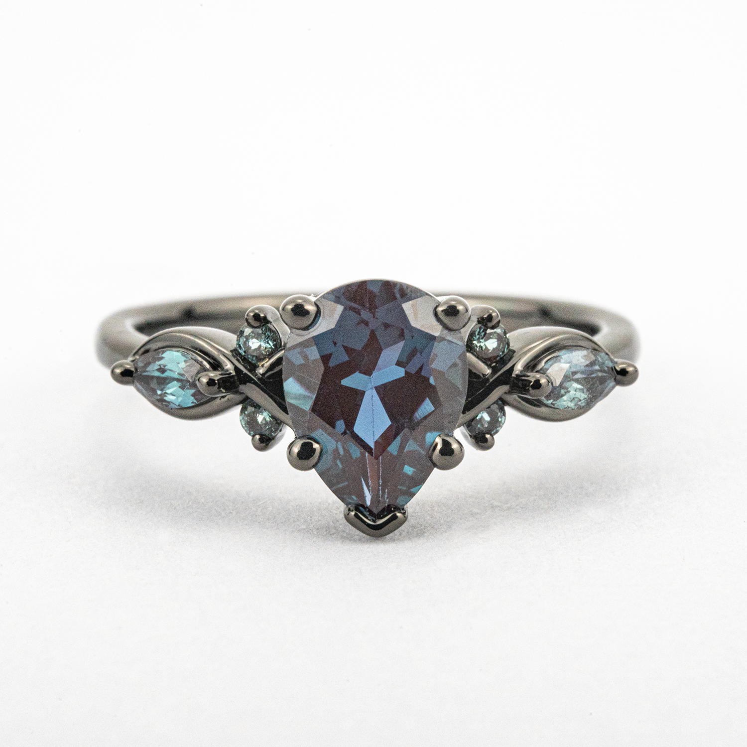 Pear Cut Lab Alexandrite Black Gold Unique Ring Black Gold Engagement Ring Art Deco Ring