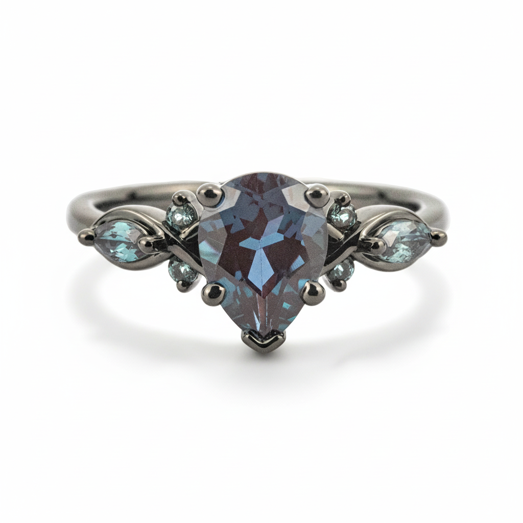 Pear Cut Lab Alexandrite Black Gold Unique Ring Black Gold Engagement Ring Art Deco Ring