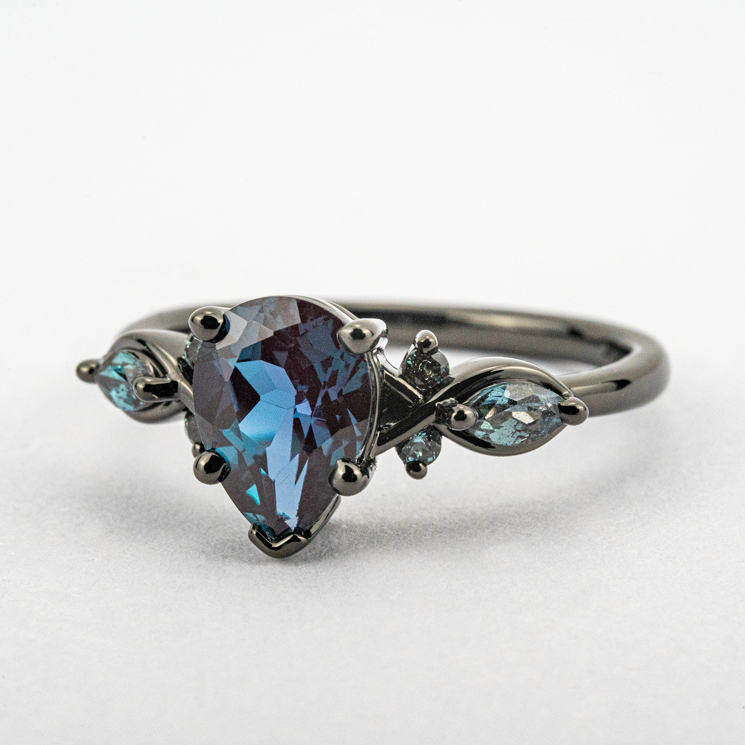 Pear Cut Lab Alexandrite Black Gold Unique Ring Black Gold Engagement Ring Art Deco Ring