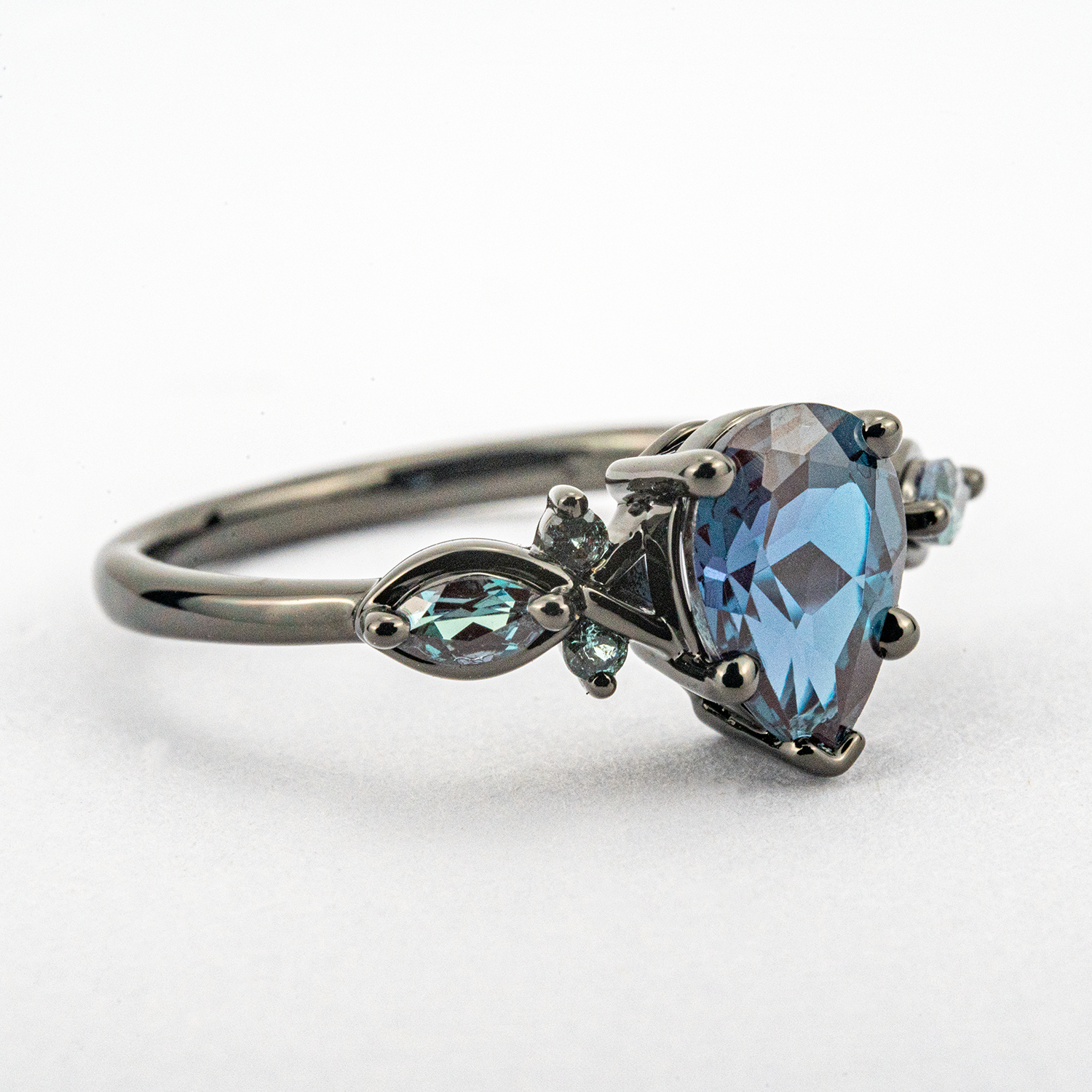 Pear Cut Lab Alexandrite Black Gold Unique Ring Black Gold Engagement Ring Art Deco Ring