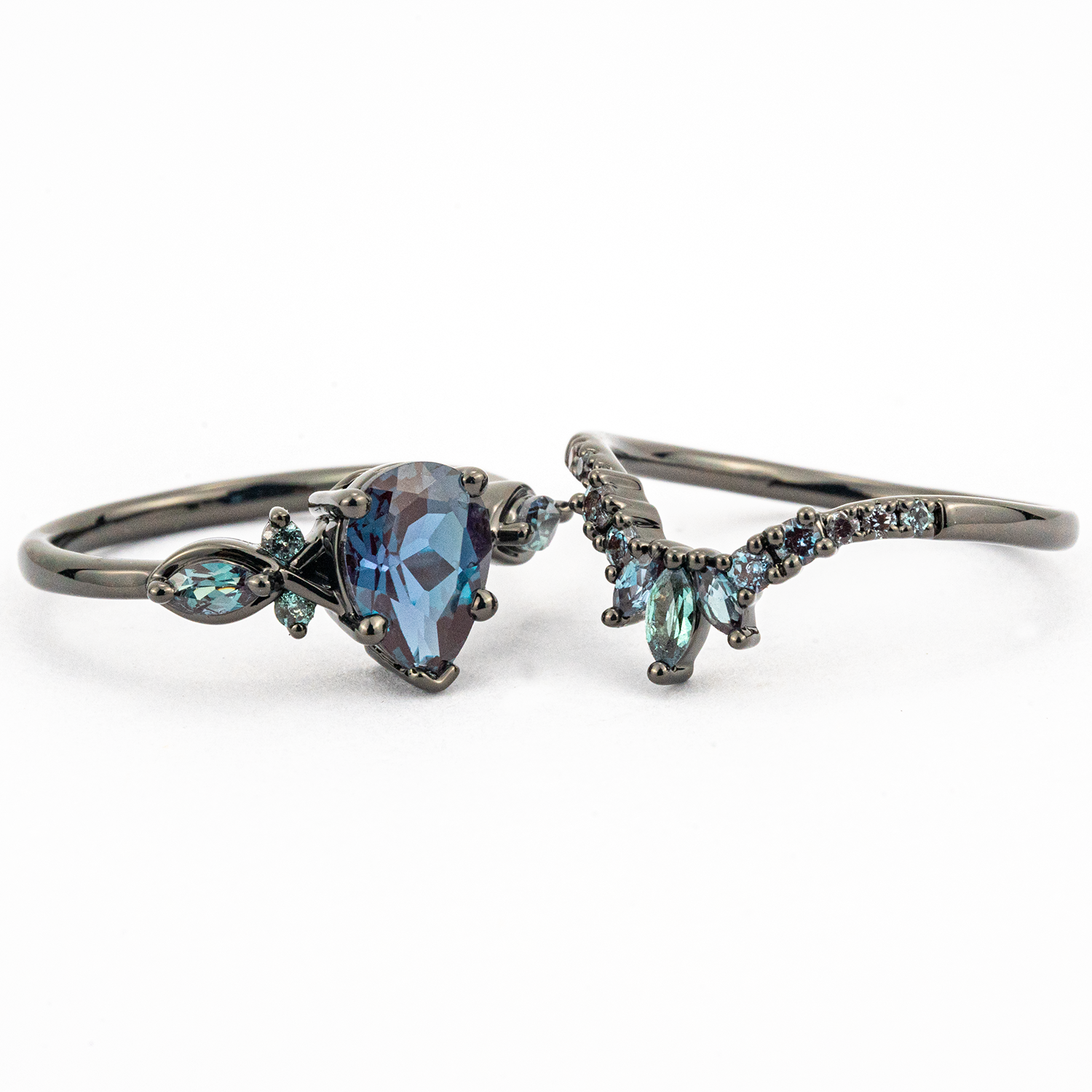 Pear Cut Lab Alexandrite Black Gold Unique Ring Set Black Gold Engagement Ring