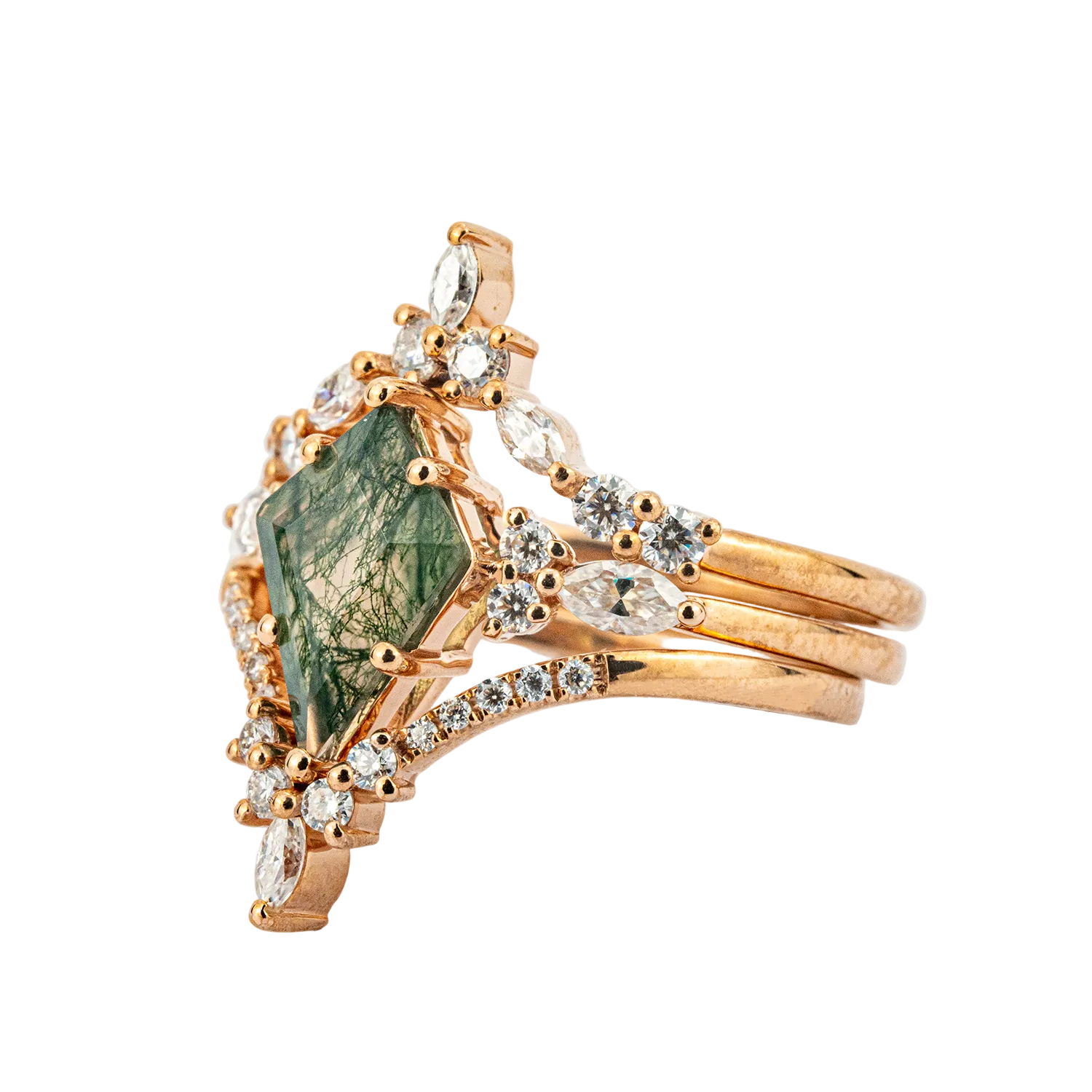 Lifestyle view of Kite Cut Moss Agate Ring Set in Gold