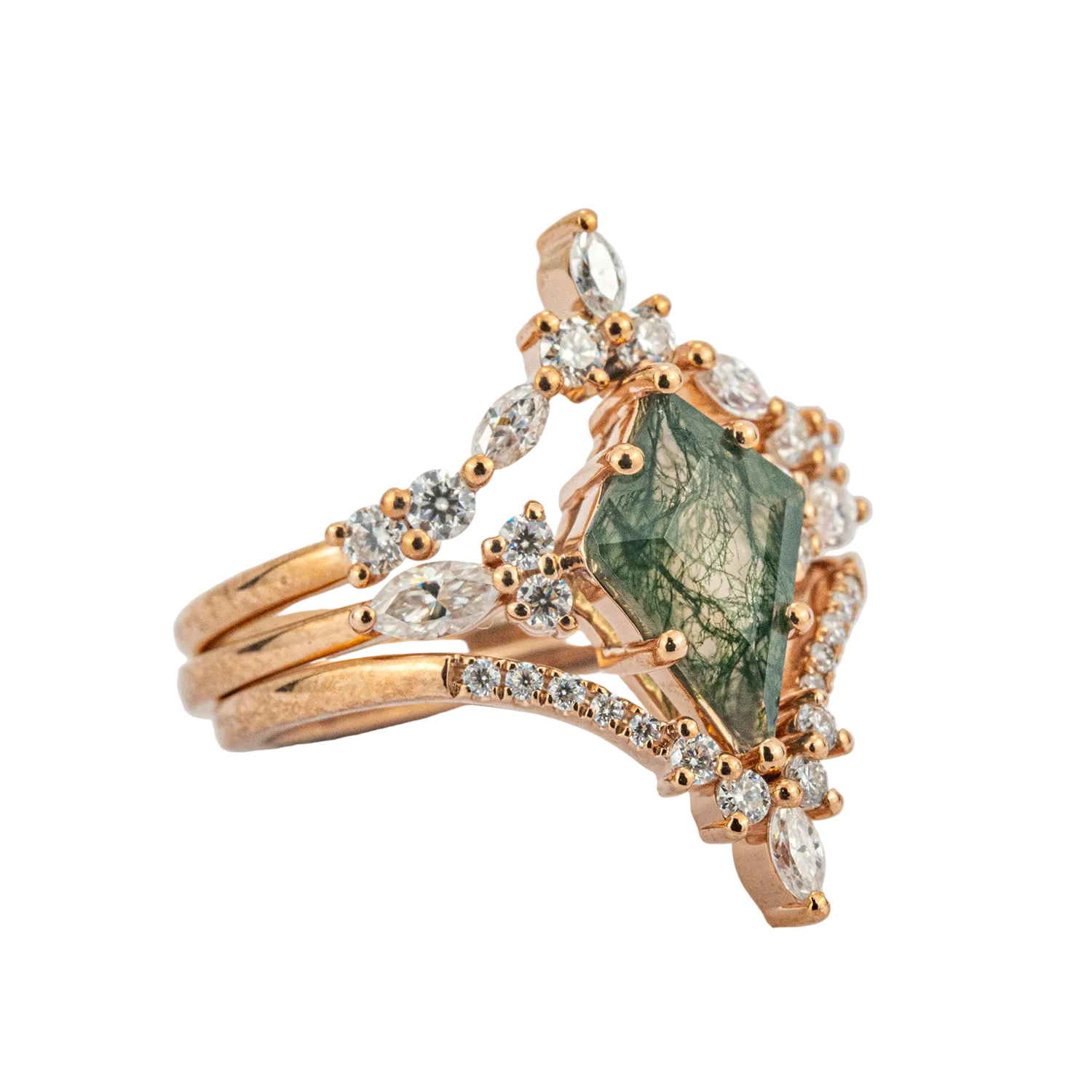 Product view of Kite Cut Moss Agate Ring Set in Gold