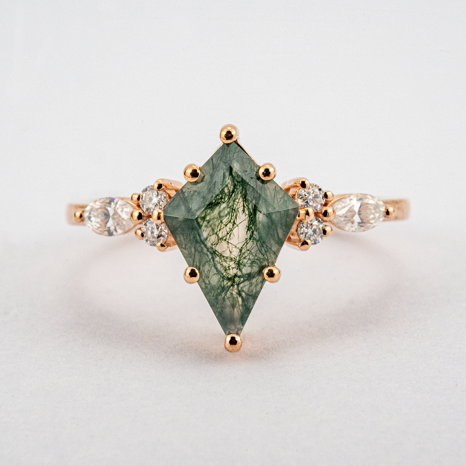 Unique Rose Gold Promise Ring with Kite Moss Agate and Moissanite Accents