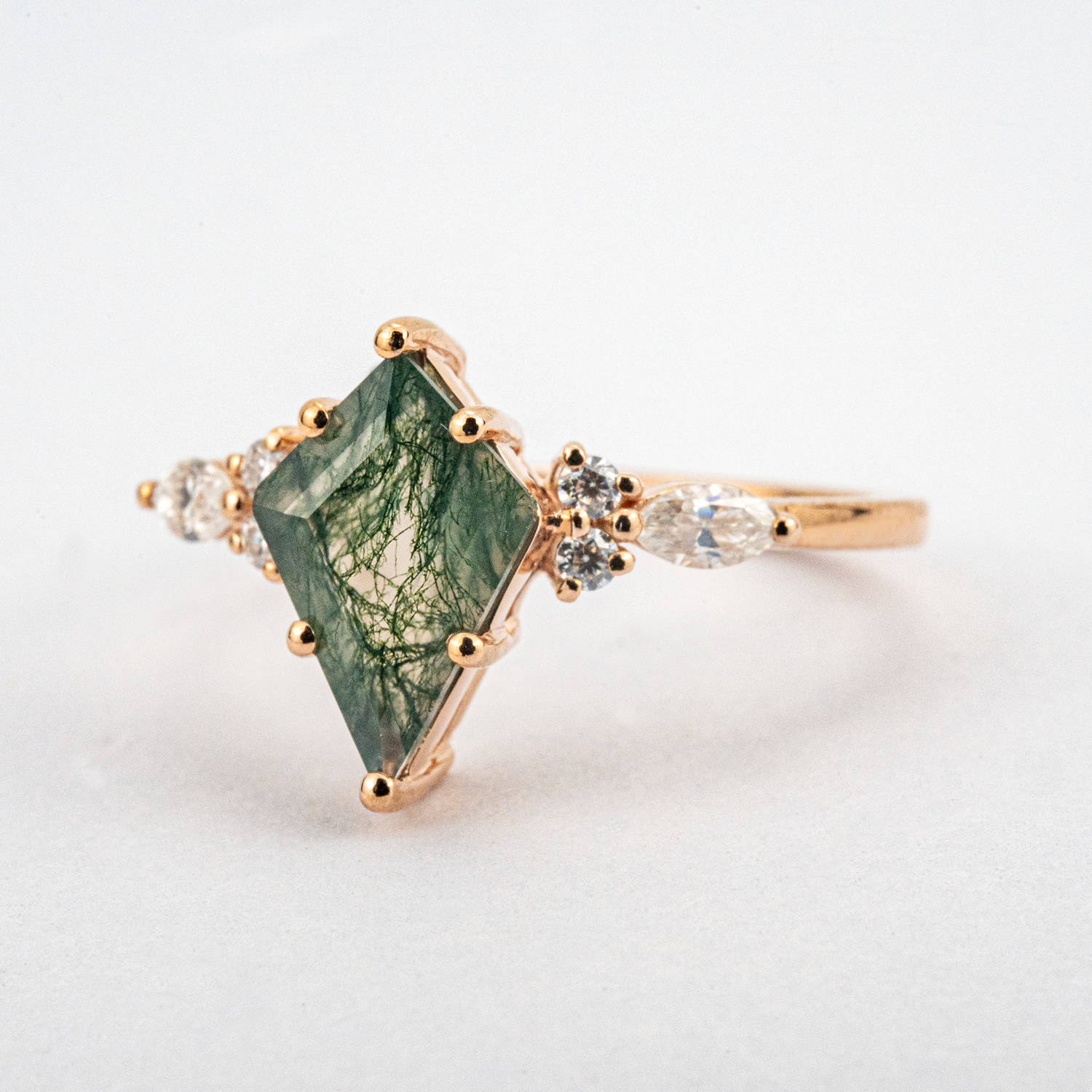 Unique Rose Gold Promise Ring with Kite Moss Agate and Moissanite Accents