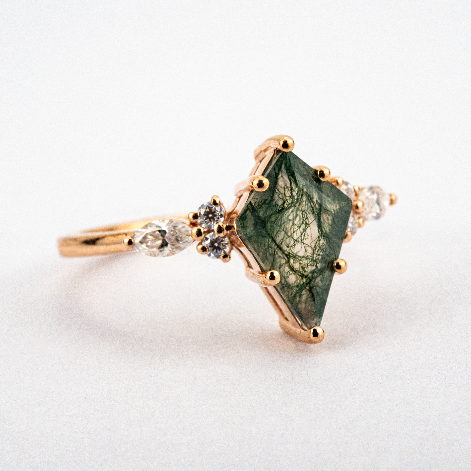 Unique Rose Gold Promise Ring with Kite Moss Agate and Moissanite Accents