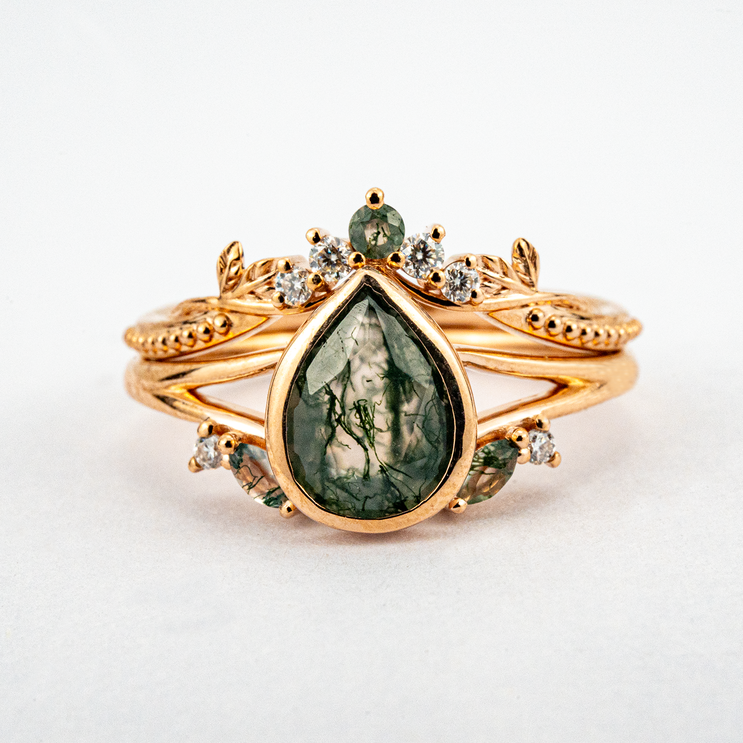 Vintage Anniversary Pear Shape Moss Agate Natural Design Ring Set Floarl Ring Set