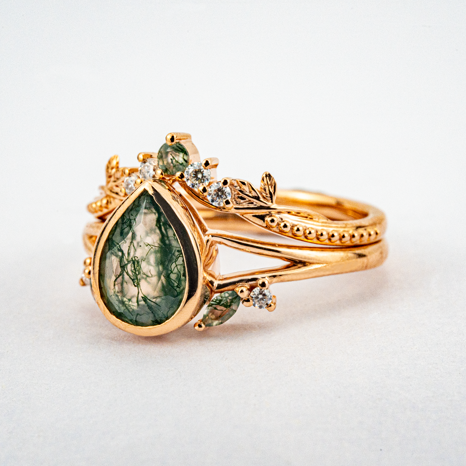 Vintage Anniversary Pear Shape Moss Agate Natural Design Ring Set Floarl Ring Set