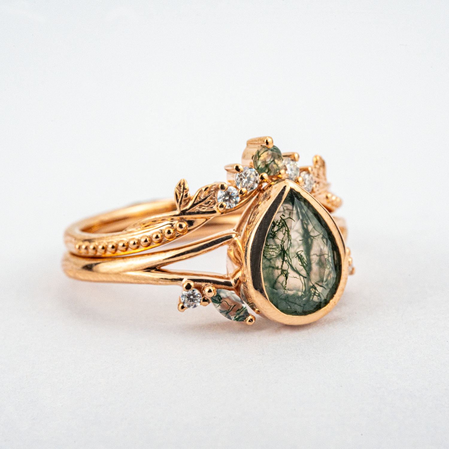 Vintage Anniversary Pear Shape Moss Agate Natural Design Ring Set Floarl Ring Set