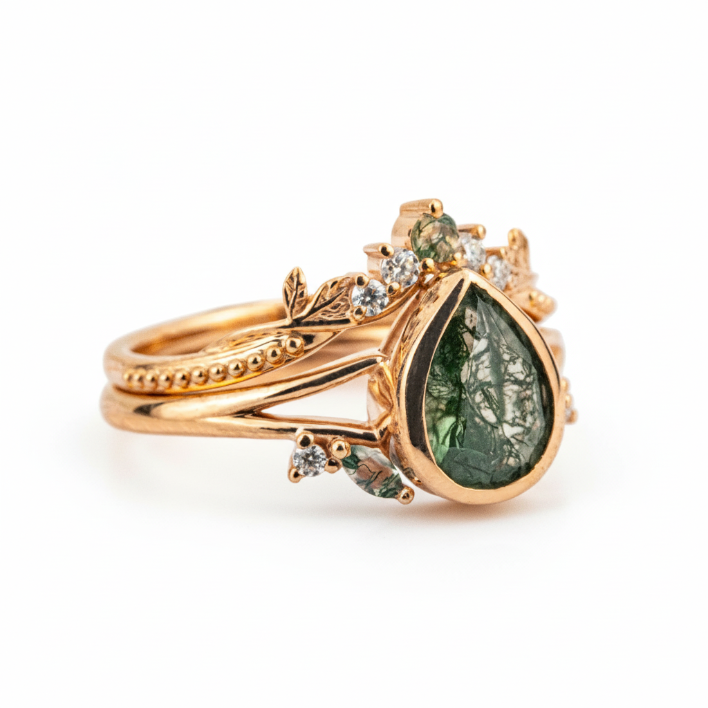 Product view of Pear Moss Agate Ring Set in Gold