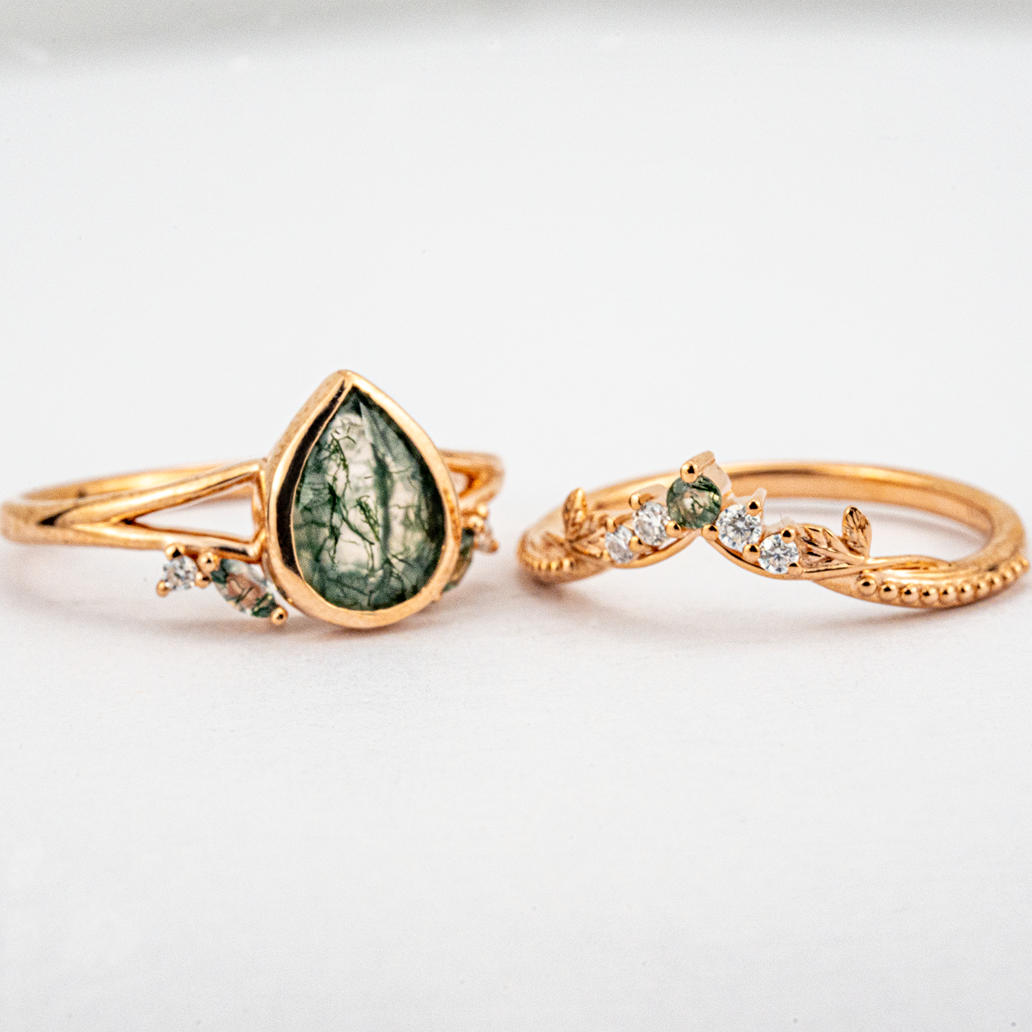 Vintage Anniversary Pear Shape Moss Agate Natural Design Ring Set Floarl Ring Set
