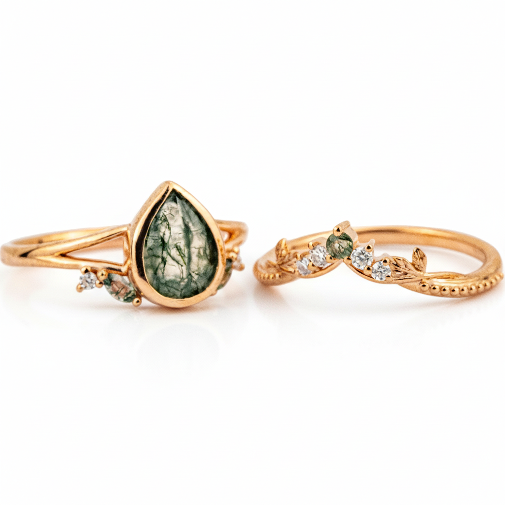 Product view of Pear Moss Agate Ring Set in Gold