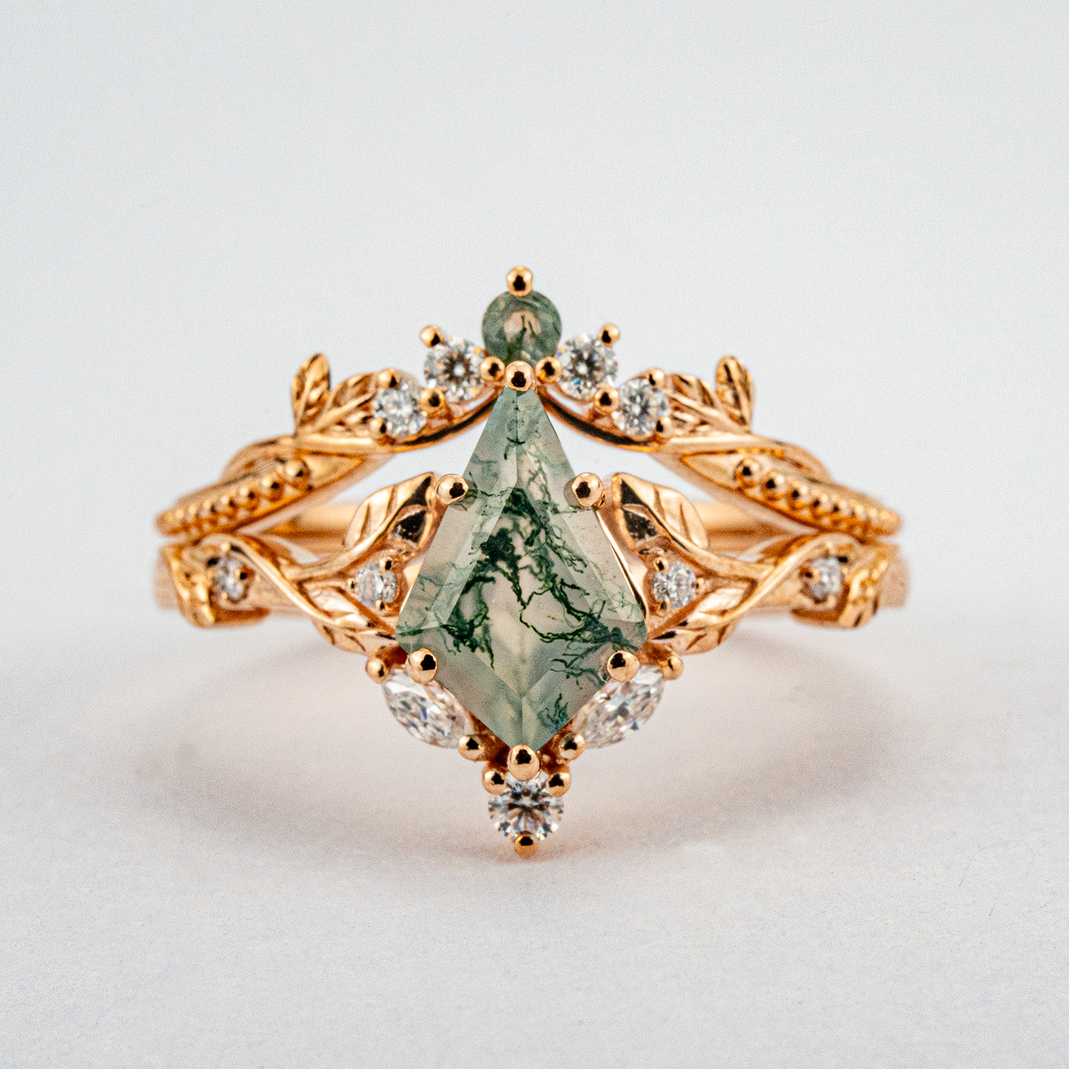 Kite Moss Agate Nature Inspired Delicate Engagement Ring Set Floral Ring Set