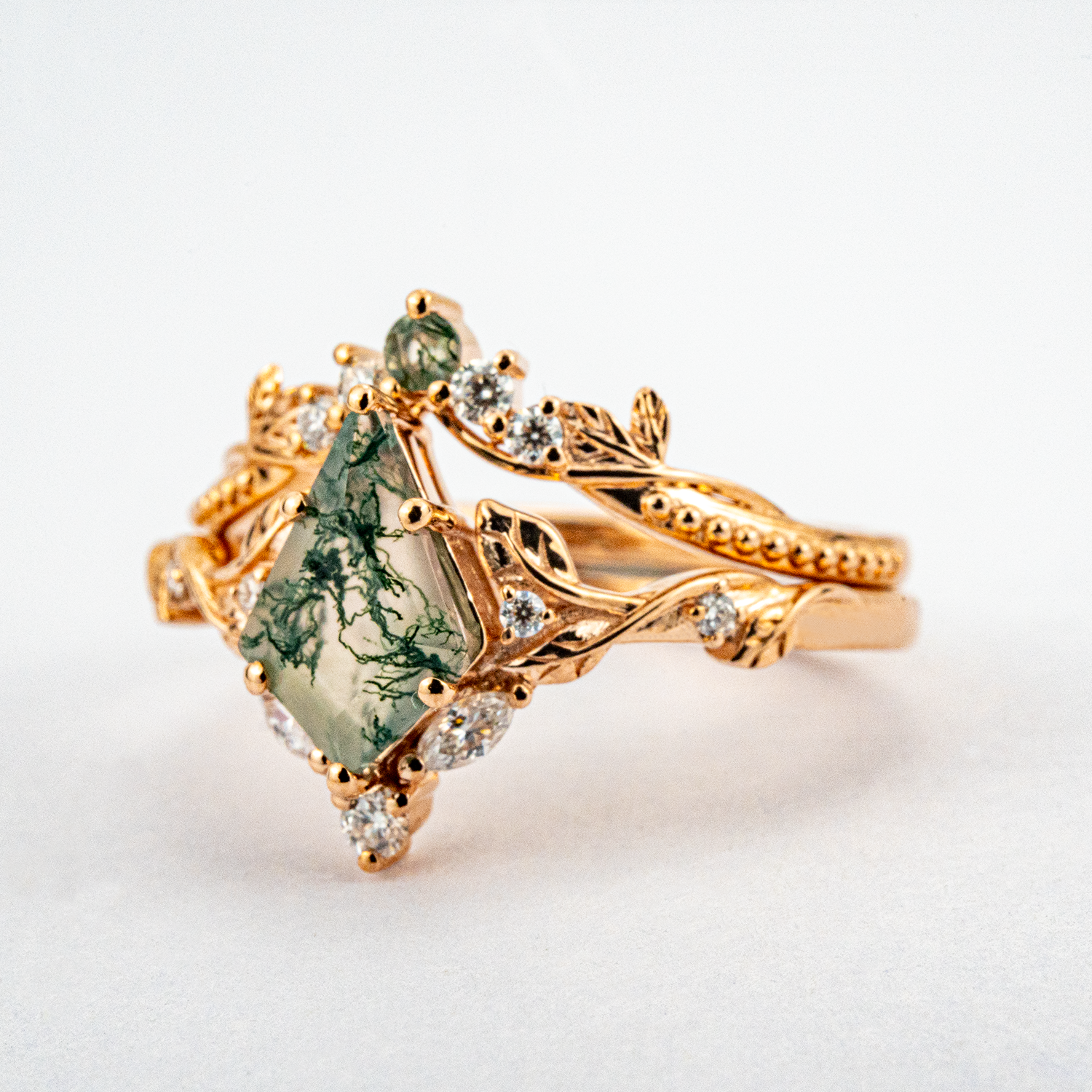 Kite Moss Agate Nature Inspired Delicate Engagement Ring Set Floral Ring Set