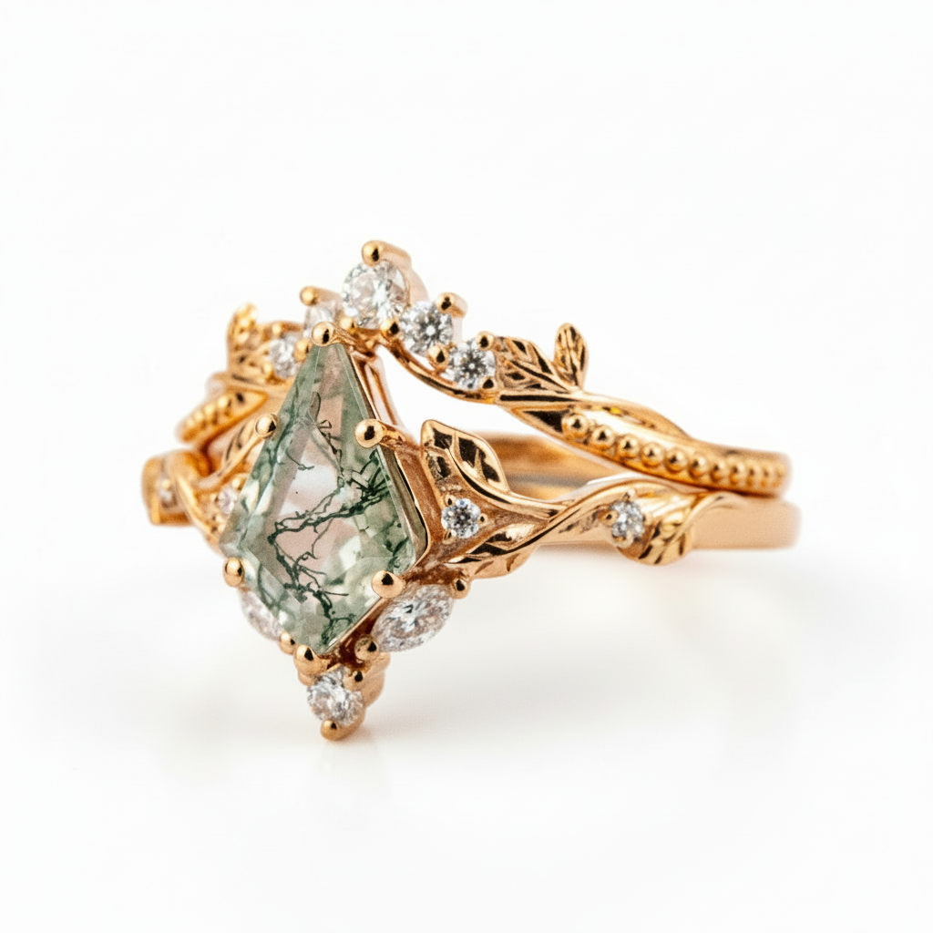 Product view of Kite Cut Moss Agate Ring Set in Gold