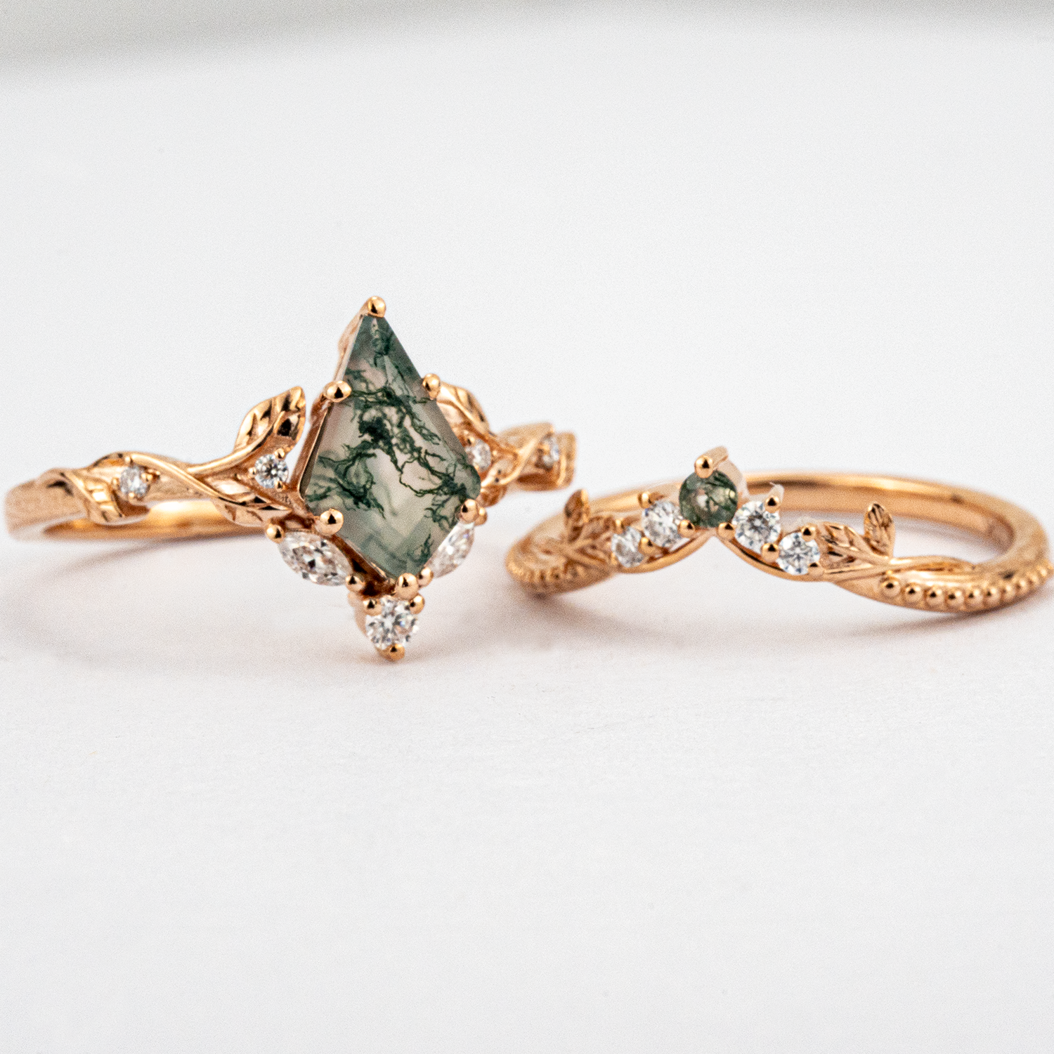 Kite Moss Agate Ring Set - Nature Inspired, Engagement Ring, Leaf Ring