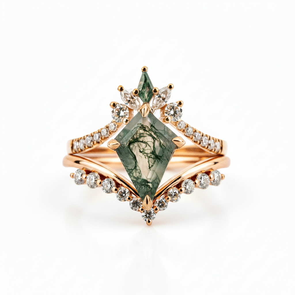 Front view of Kite Cut Moss Agate Ring Set in Gold