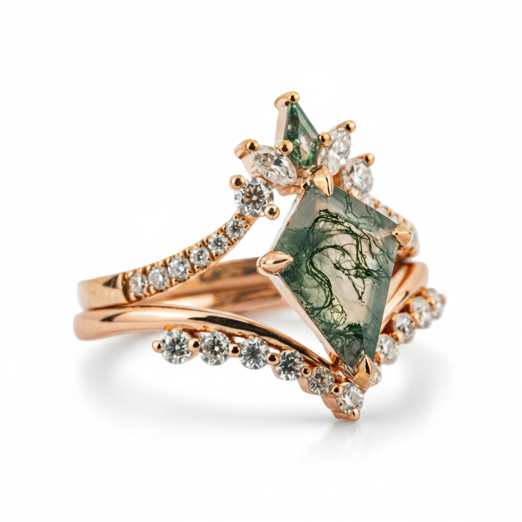 Product view of Kite Cut Moss Agate Ring Set in Gold
