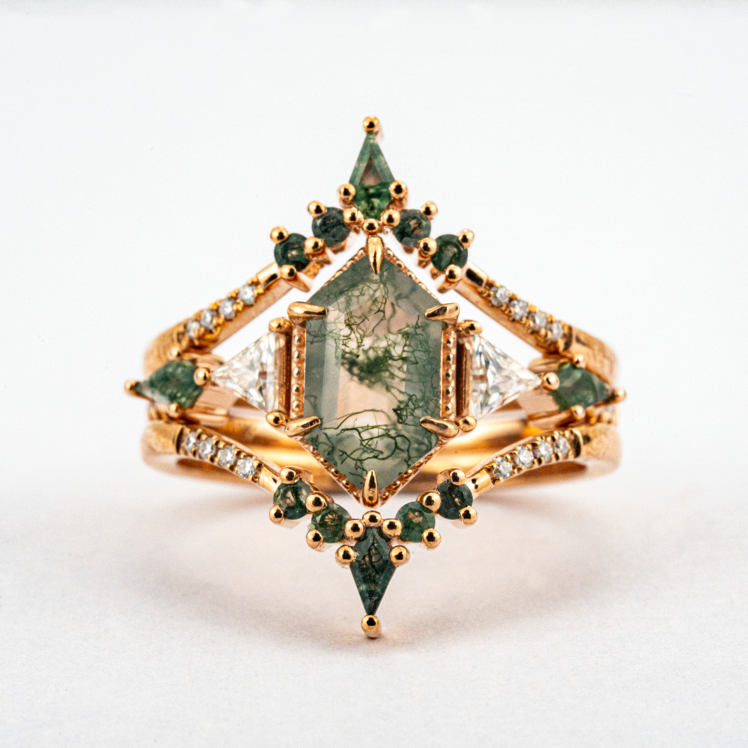 Vintage Hexagonal Moss Agate Nature-Inspired Rings Set Agate Engagement Ring