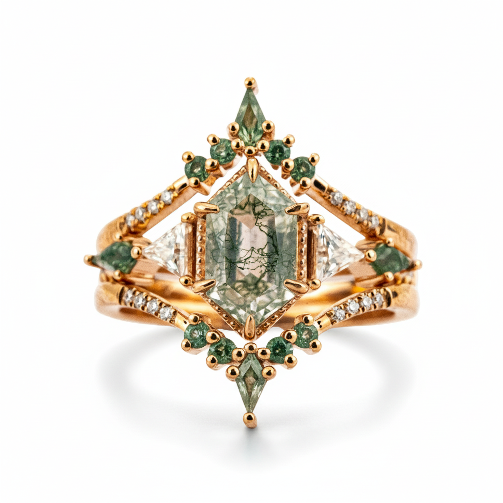 Front view of Hexagon Moss Agate Ring Set in Gold