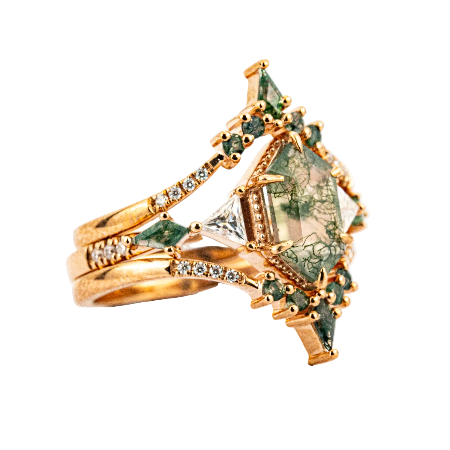 Product view of Hexagon Moss Agate Ring Set in Gold