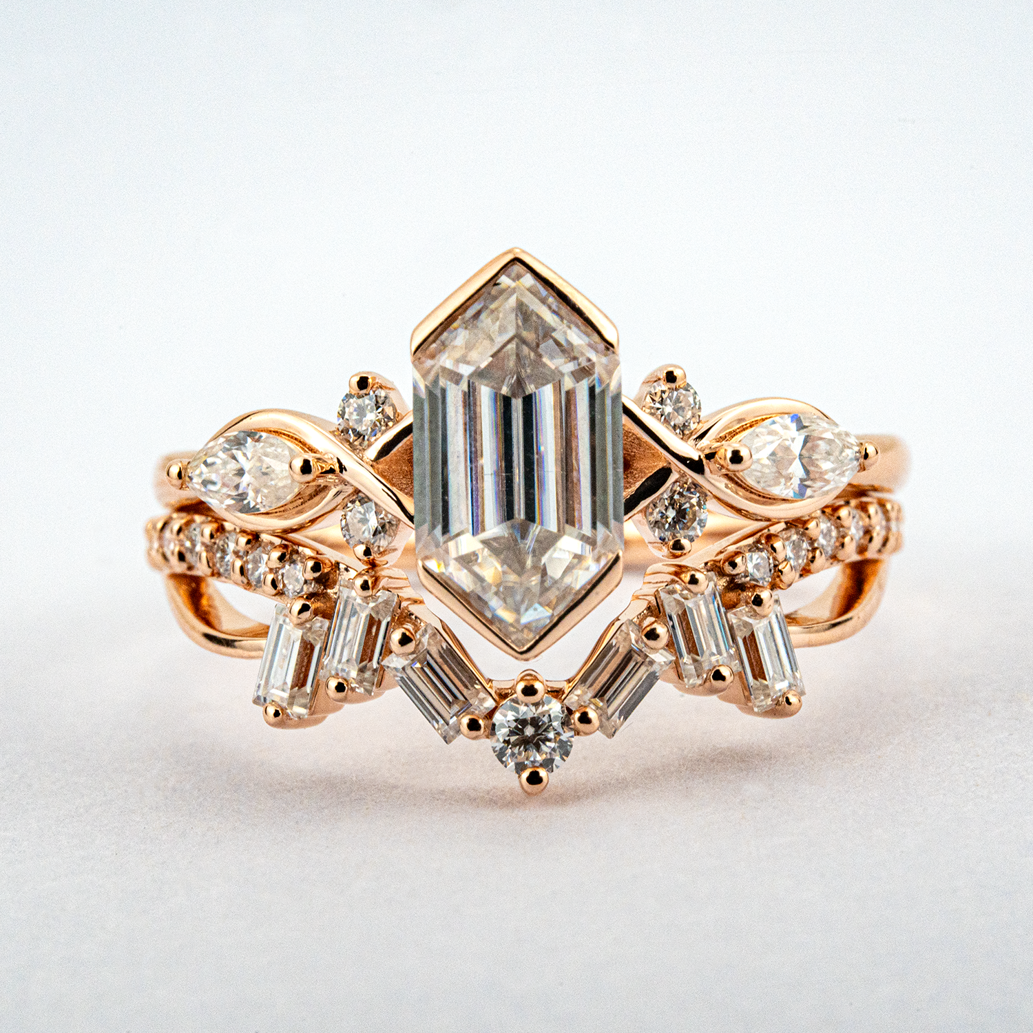 Luxury Long Hexagon Moissanite/Diamond Personalized Wedding Ring Set