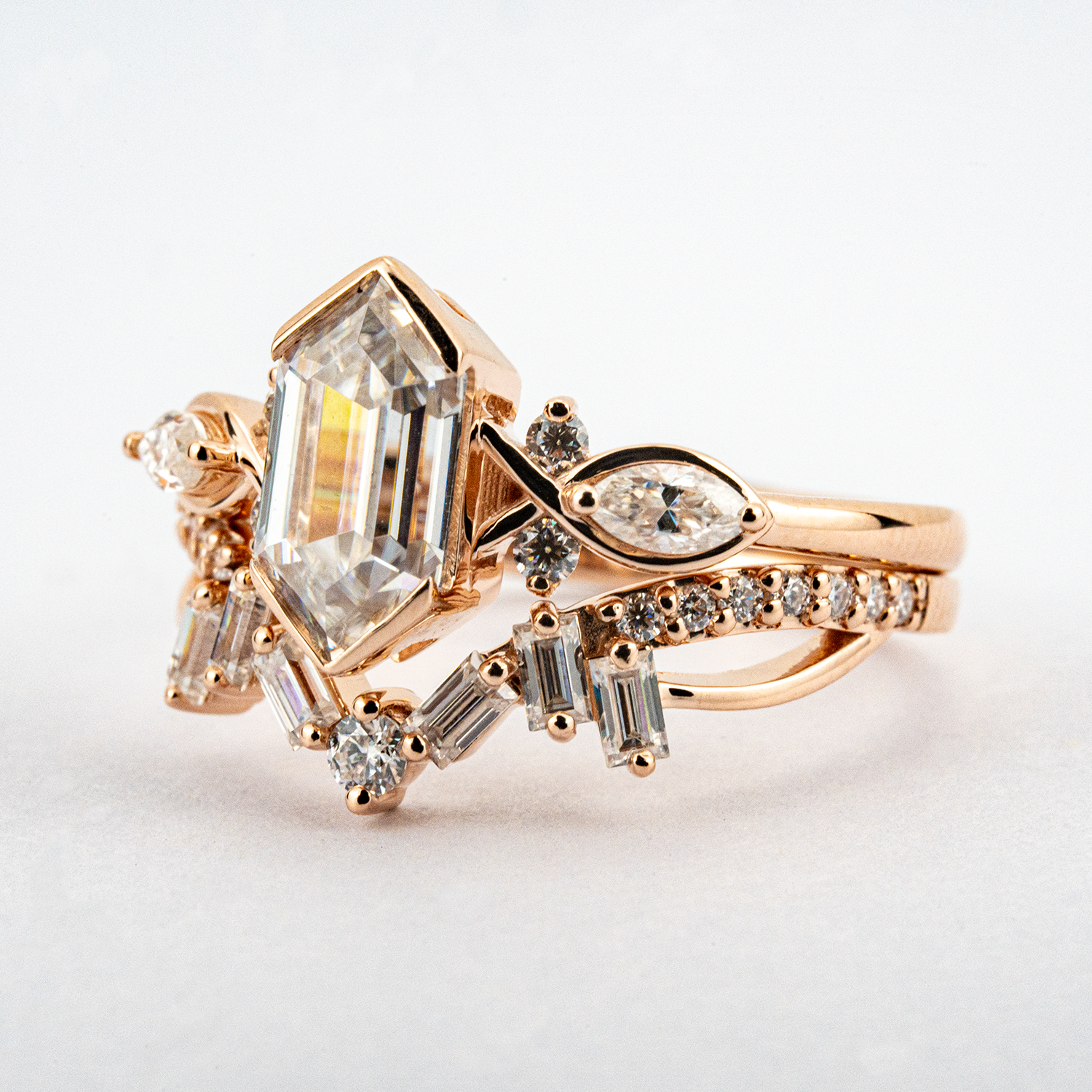 Luxury Long Hexagon Moissanite/Diamond Personalized Wedding Ring Set