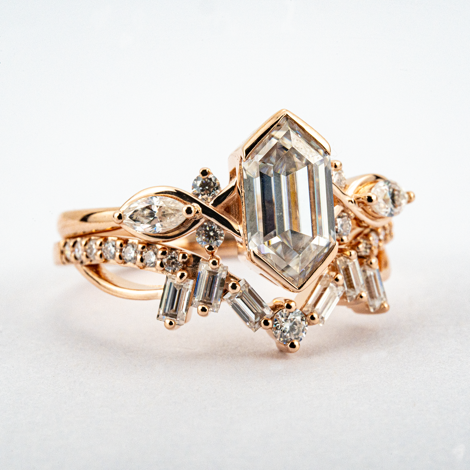 Luxury Long Hexagon Moissanite/Diamond Personalized Wedding Ring Set