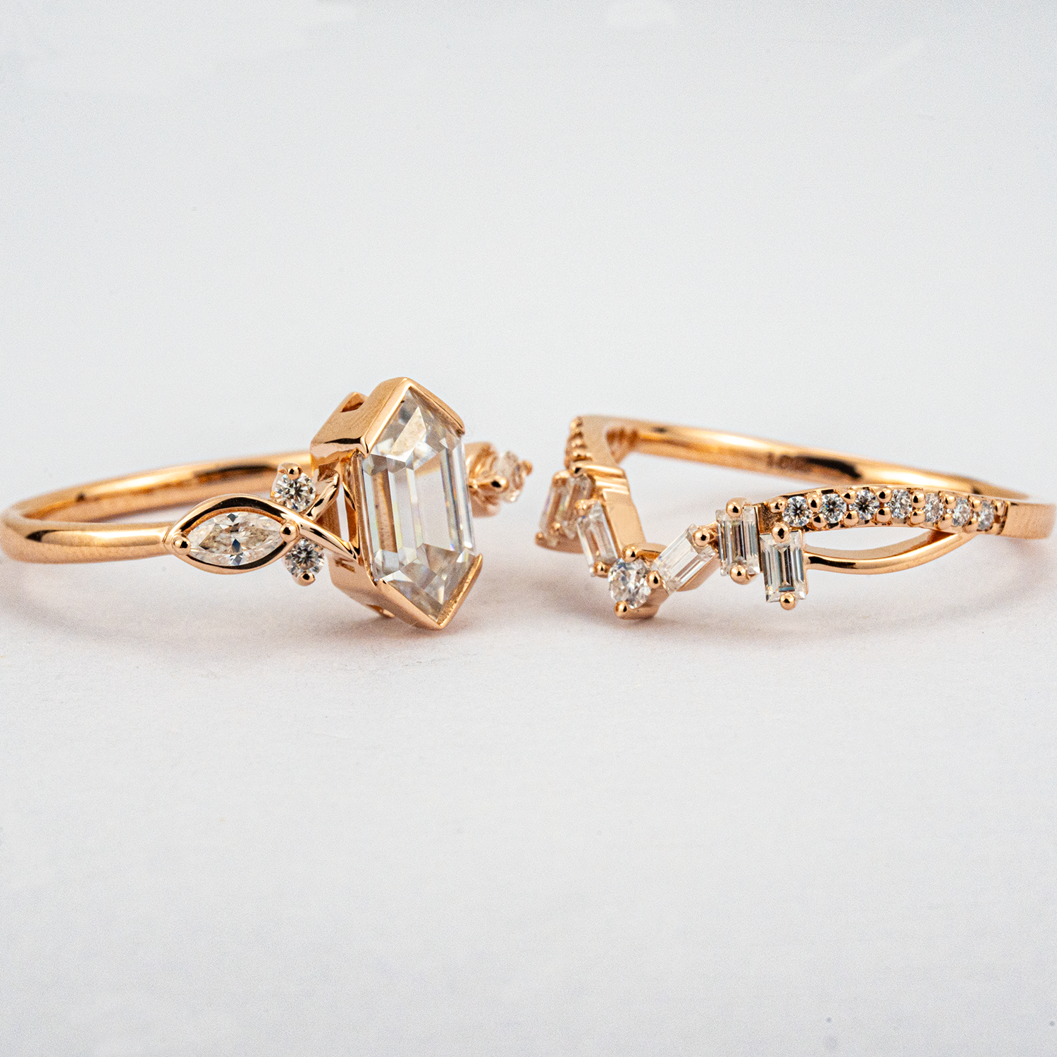 Luxury Long Hexagon Moissanite/Diamond Personalized Wedding Ring Set