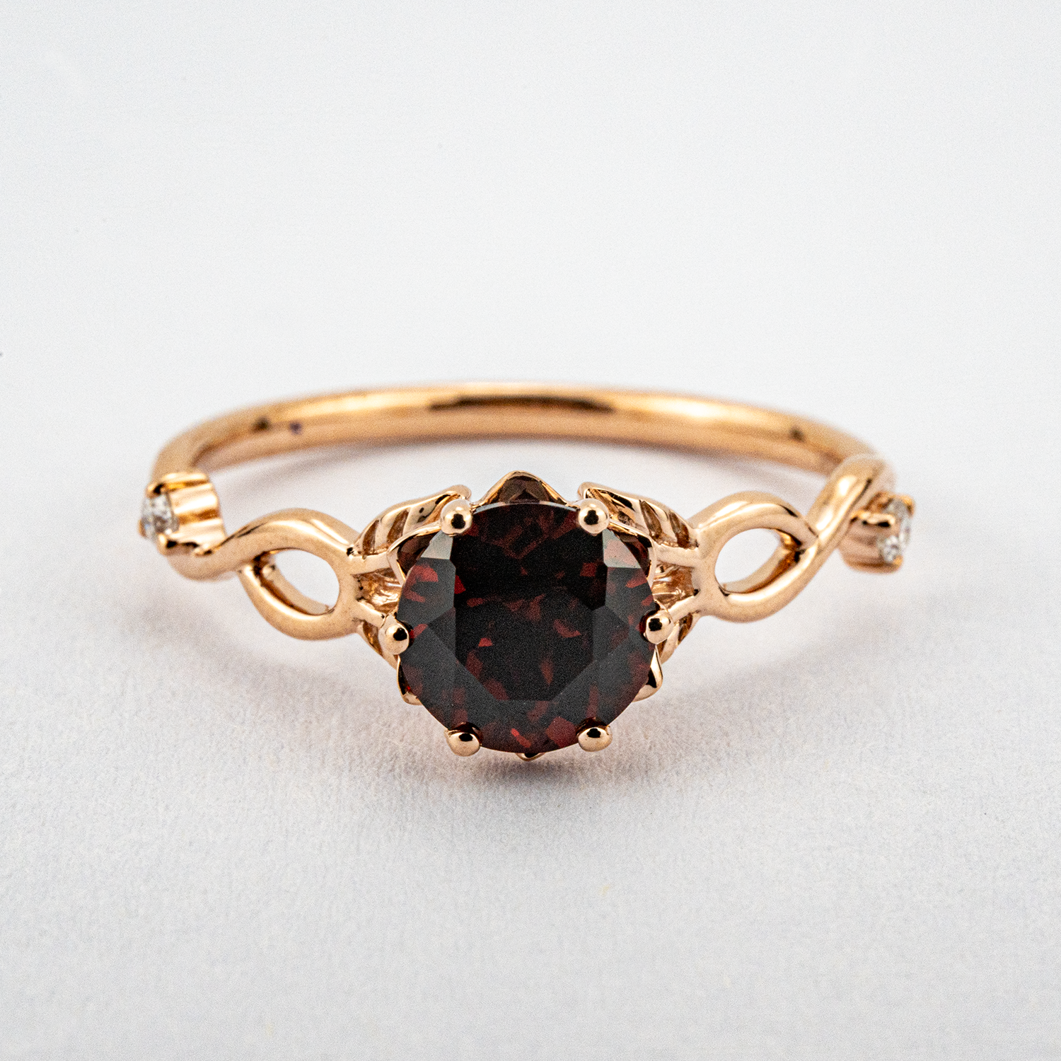 Round Cut Red Garnet Leaf Ring.